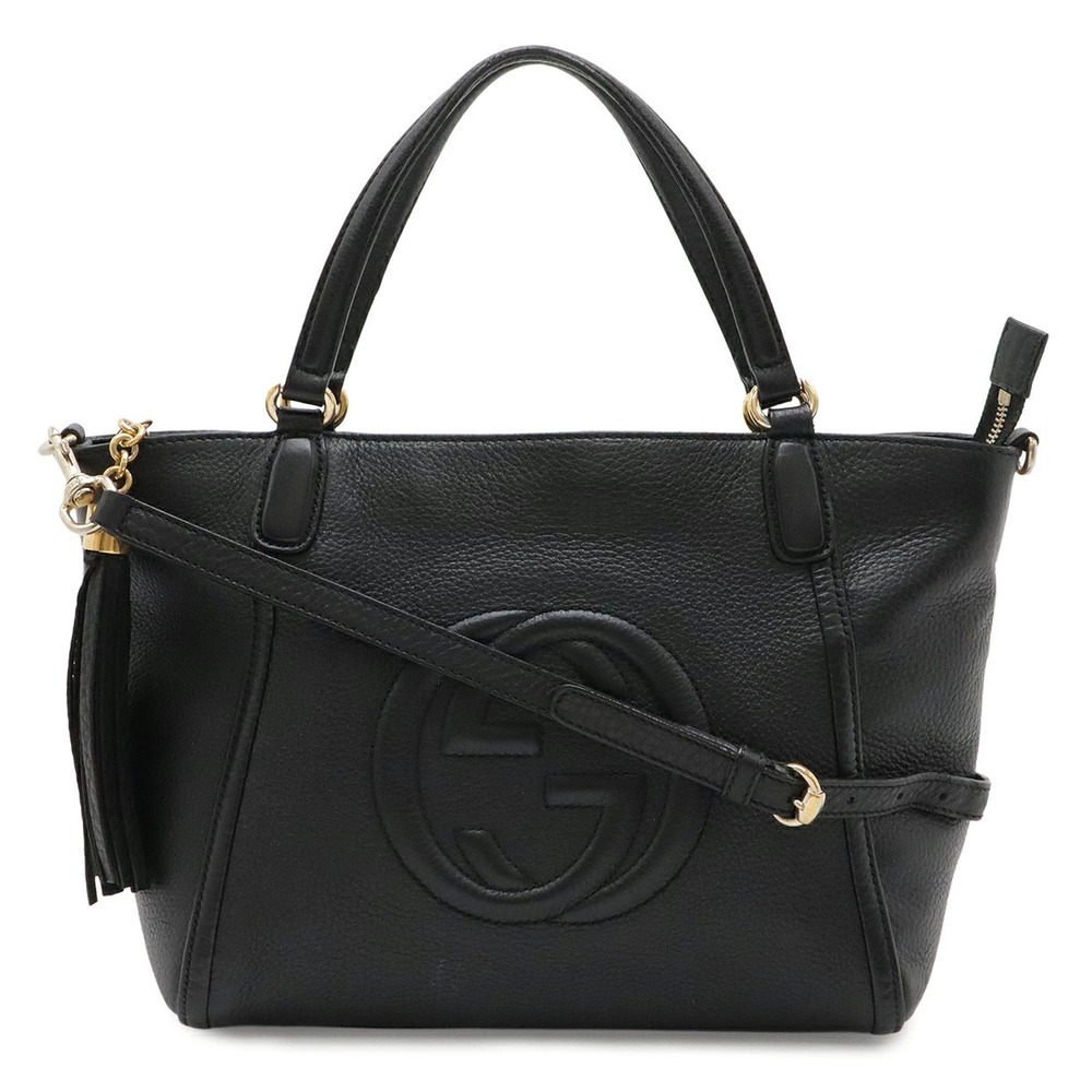 Gucci Soho Interlocking G Tote Bag Shoulder Fringe Tassel Leather Black